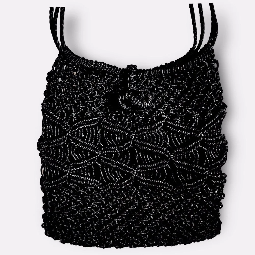 Vintage 1960's Black Thick Large Macrame Shoulder Bag Purse - Picture 2 of 5